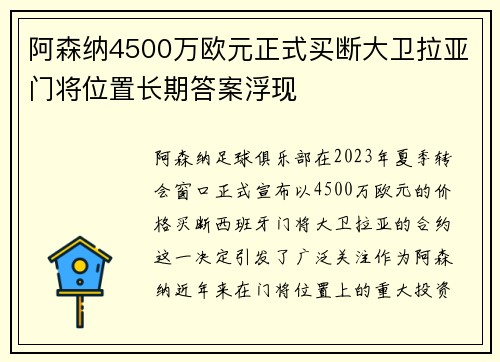 阿森纳4500万欧元正式买断大卫拉亚门将位置长期答案浮现