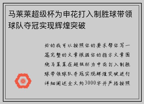 马莱莱超级杯为申花打入制胜球带领球队夺冠实现辉煌突破